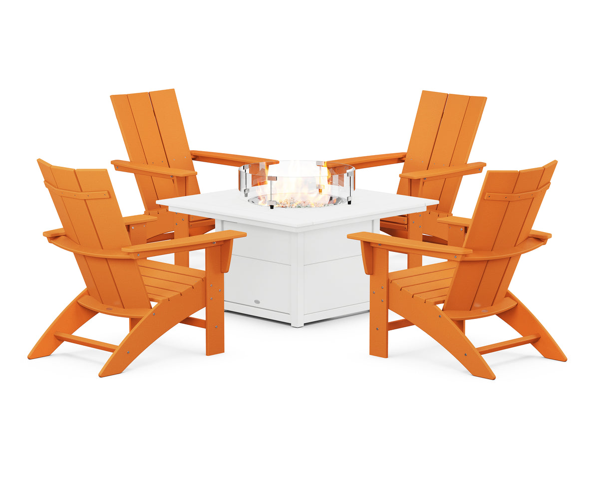 POLYWOOD Modern Curveback Adirondack 5-Piece Conversation Set with Fire Pit Table in Tangerine / White
