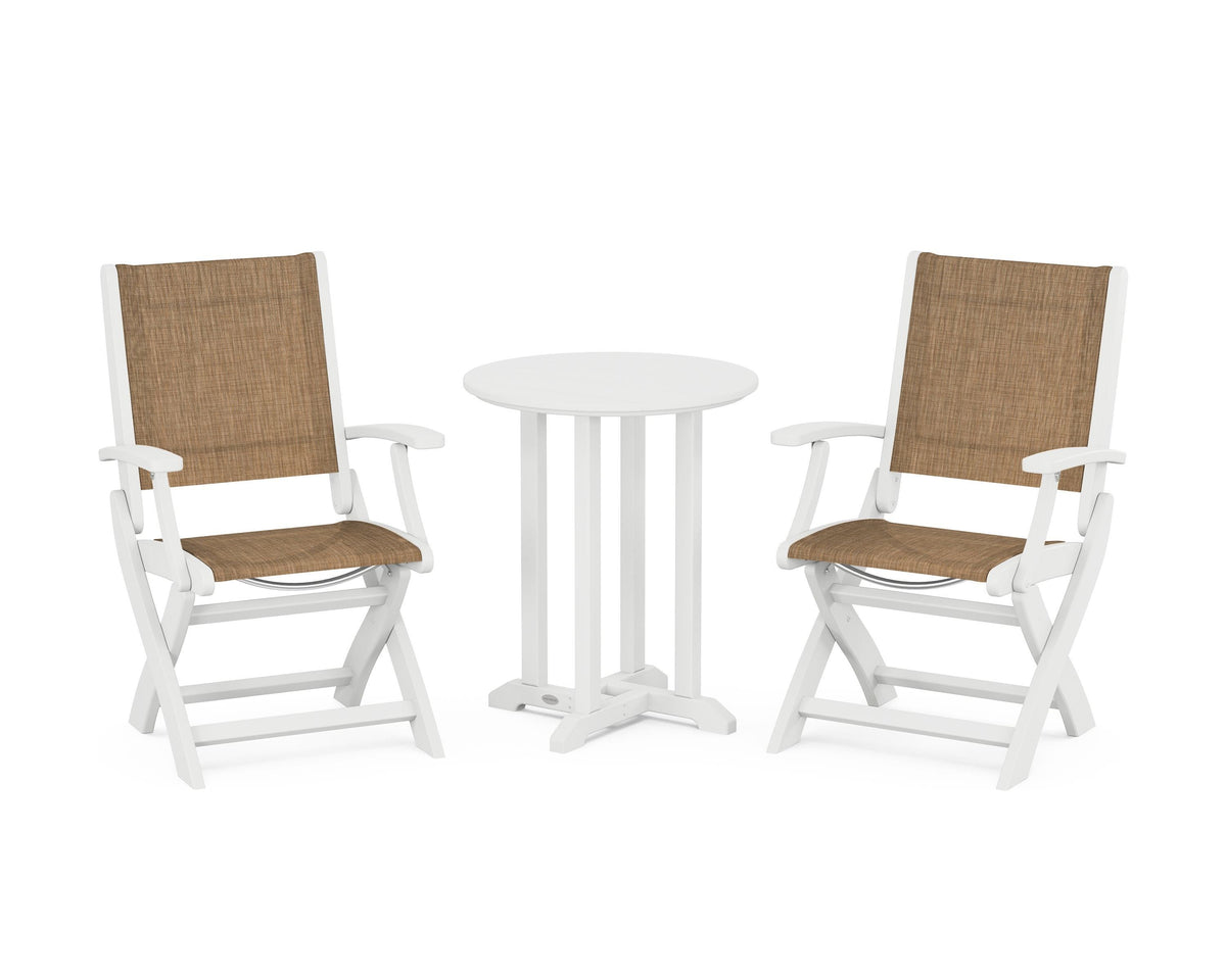 POLYWOOD Coastal Folding 3-Piece Round Bistro Dining Set in White / Burlap
