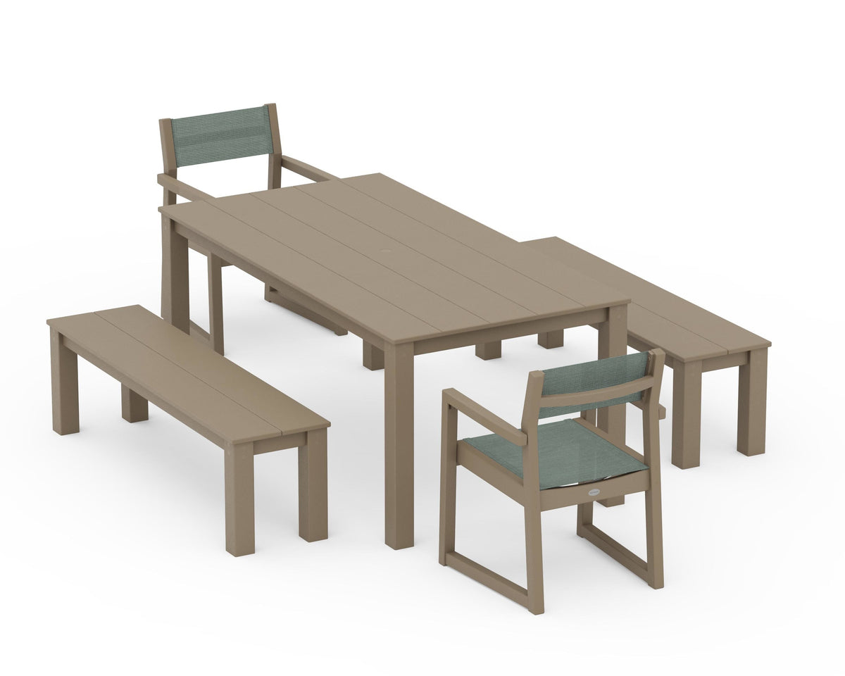 POLYWOOD EDGE Sling Arm Chair 5-Piece Parsons Dining Set with Benches in Vintage Sahara / Dupioni Sea Mist