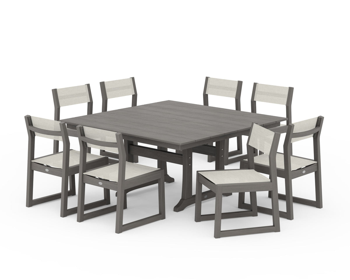 POLYWOOD EDGE Sling Side Chair 9-Piece Farmhouse Trestle Dining Set in Driftwood / Parchment