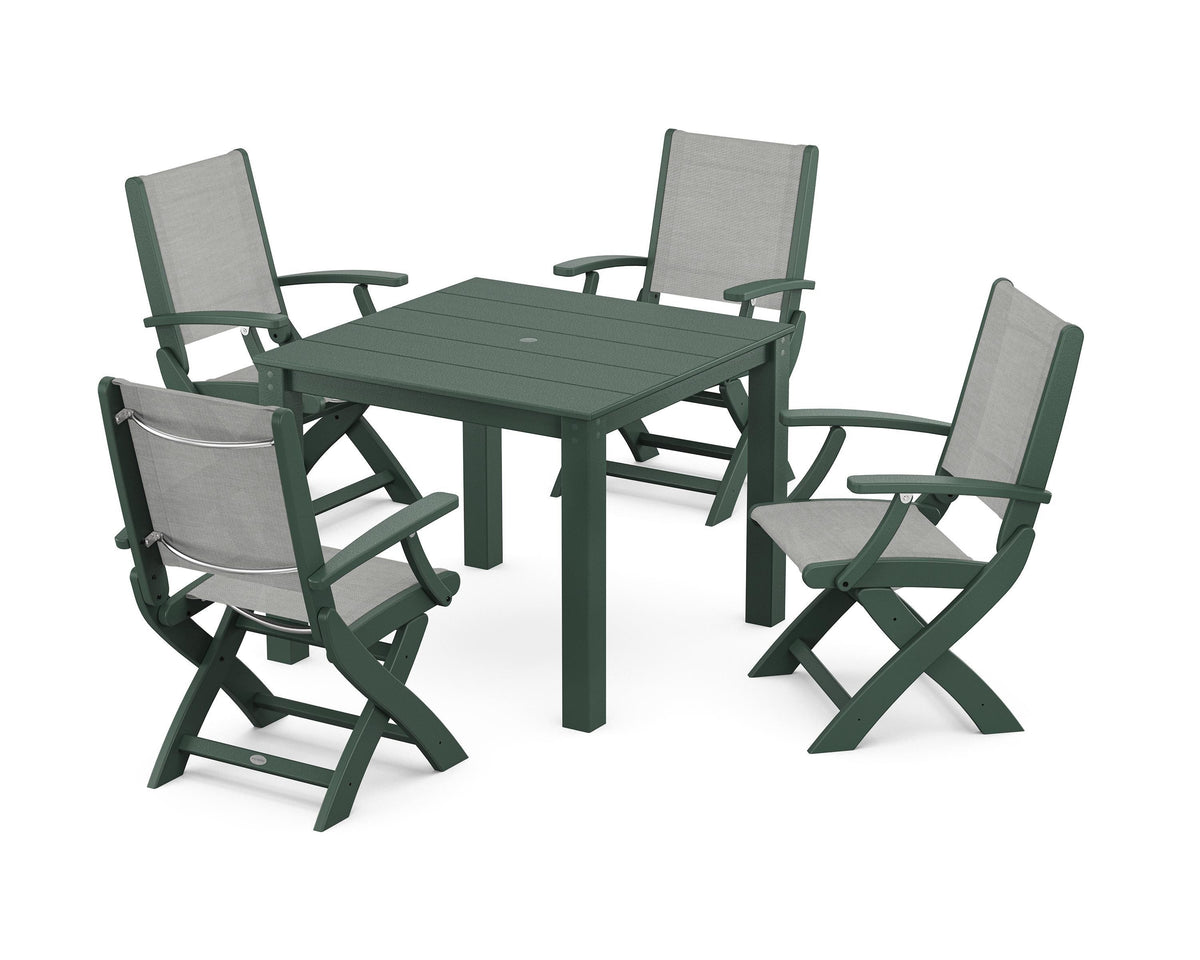 POLYWOOD Coastal Folding Chair 5-Piece Parsons Dining Set in Green / Metallic