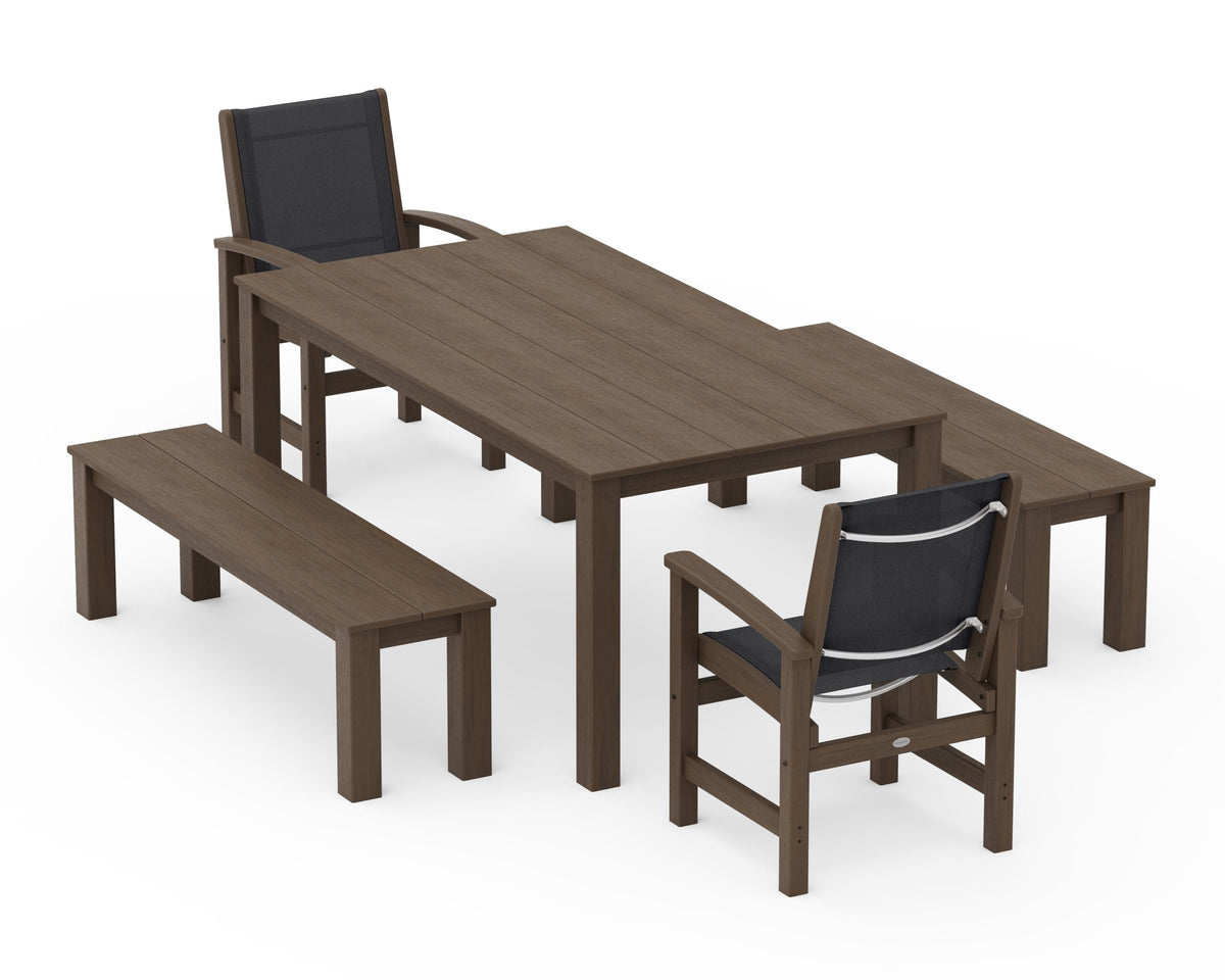 POLYWOOD Coastal 5-Piece Parsons Dining Set with Benches in Kona / Black