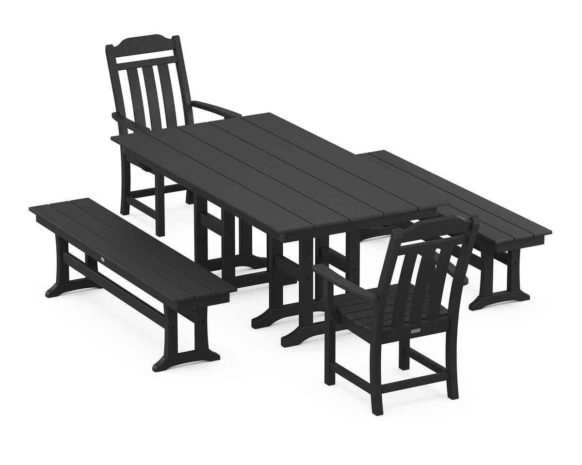 POLYWOOD Cottage 5-Piece Farmhouse Dining Set with Benches in Black