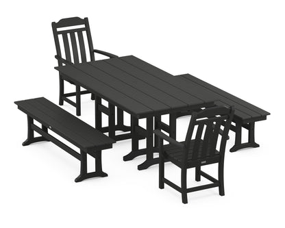 POLYWOOD Cottage 5-Piece Farmhouse Dining Set with Benches in Black
