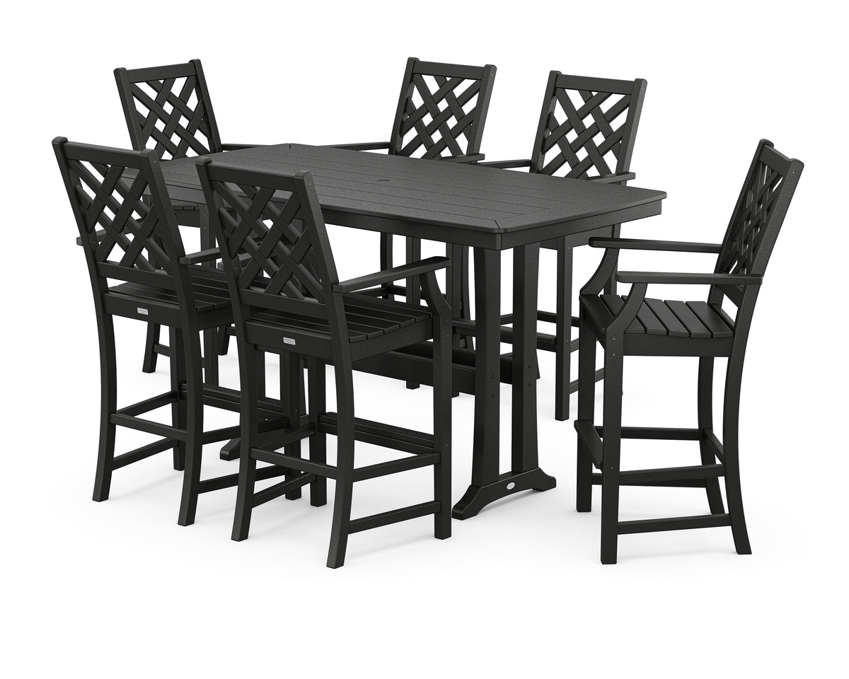 POLYWOOD Country Living Wovendale Arm Chair 7-Piece Bar Set with Trestle Legs in Black