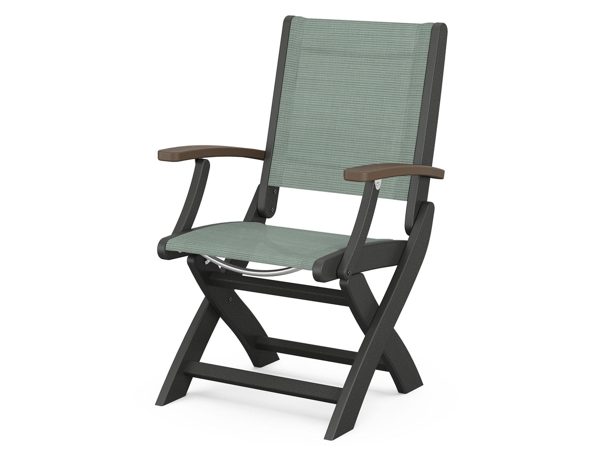 POLYWOOD Coastal Folding Chair in Black with Kona arms and Dupioni Sea Mist sling