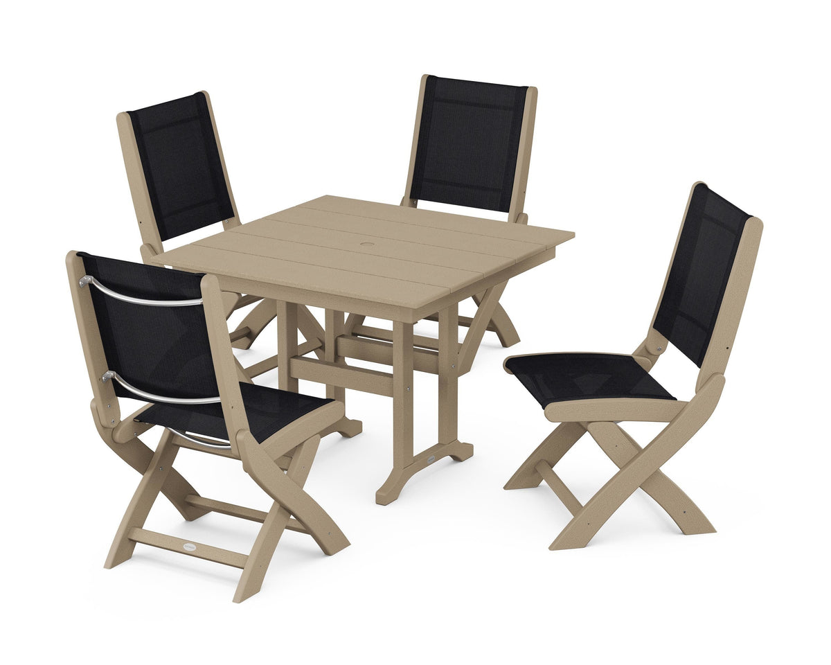 POLYWOOD Coastal Folding Side Chair 5-Piece Farmhouse Dining Set in Vintage Sahara / Black