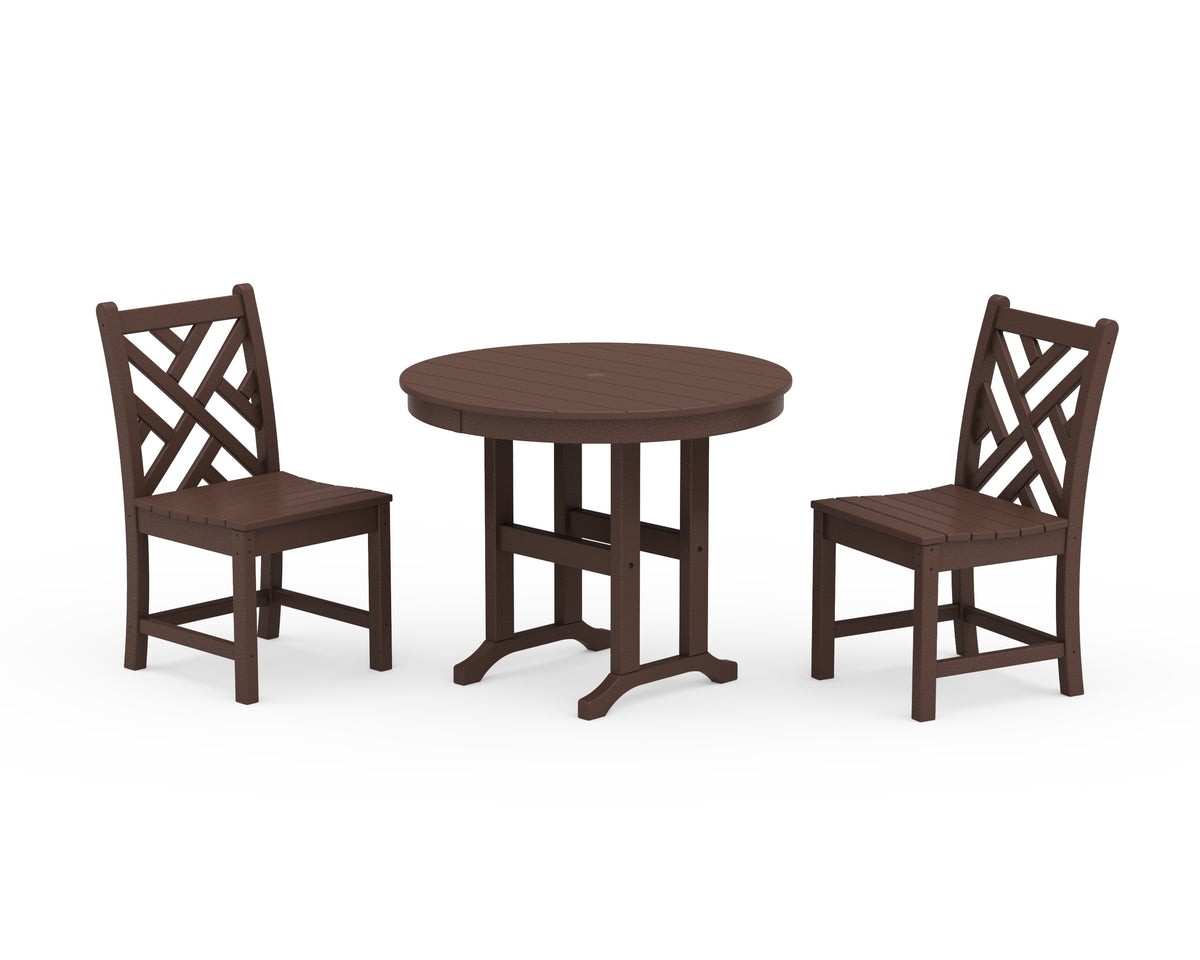 POLYWOOD Chippendale Side Chair 3-Piece Round Dining Set in Mahogany