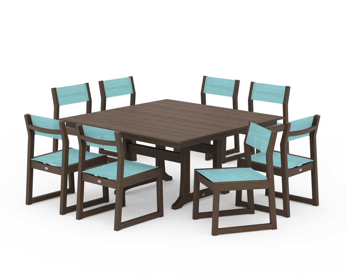 POLYWOOD EDGE Sling Side Chair 9-Piece Farmhouse Trestle Dining Set in Kona / Dupioni Aquamarine