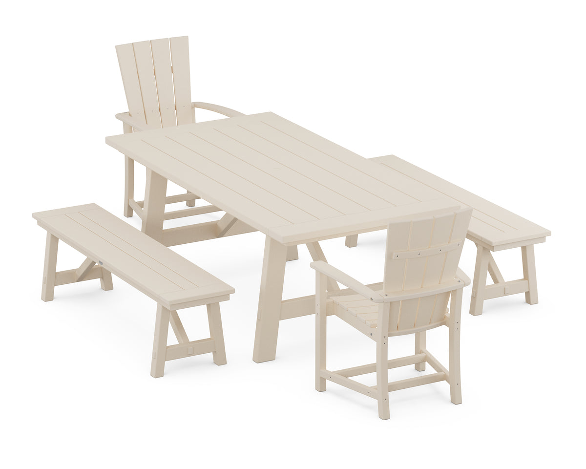 POLYWOOD Quattro 5-Piece Rustic Farmhouse Dining Set with Benches in Sand