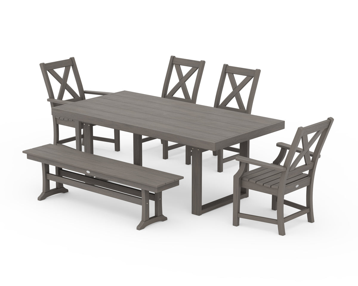 POLYWOOD Braxton 6-Piece Dining Set with Bench - 39" x 78" Table in Driftwood