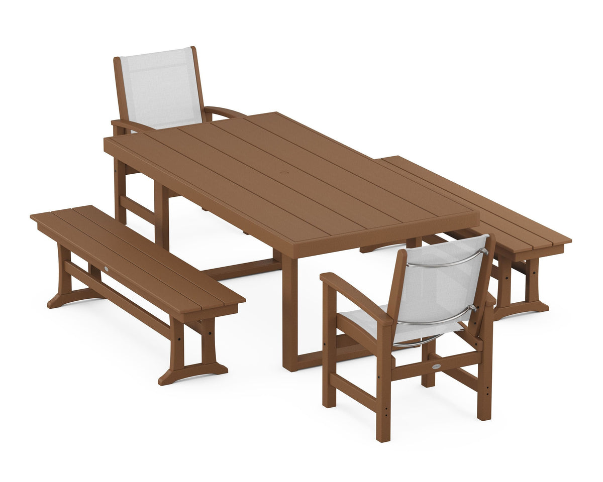 POLYWOOD Coastal 5-Piece Dining Set with Trestle Legs with EDGE 40" x 78" Dining Table in Teak / White
