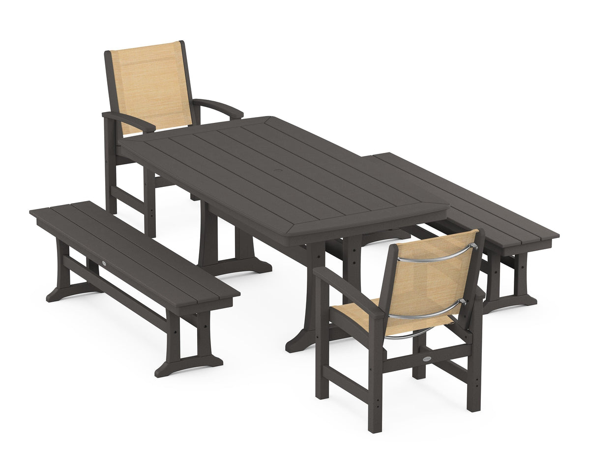 POLYWOOD Coastal 5-Piece Dining Set with Trestle Legs and Benches in Vintage Coffee / Dupioni Apricot