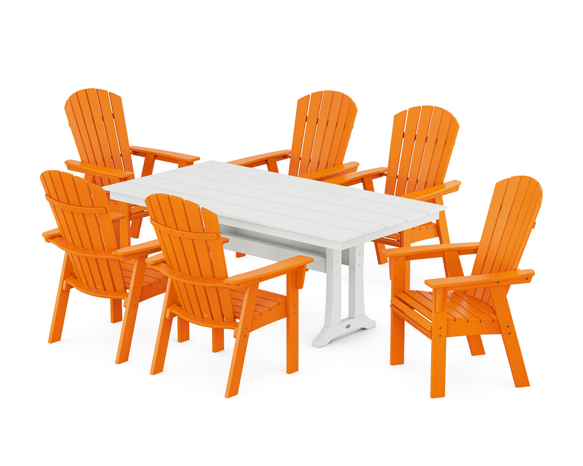 POLYWOOD Nautical Curveback Adirondack 7-Piece Farmhouse Dining Set with Trestle Legs in Tangerine / White