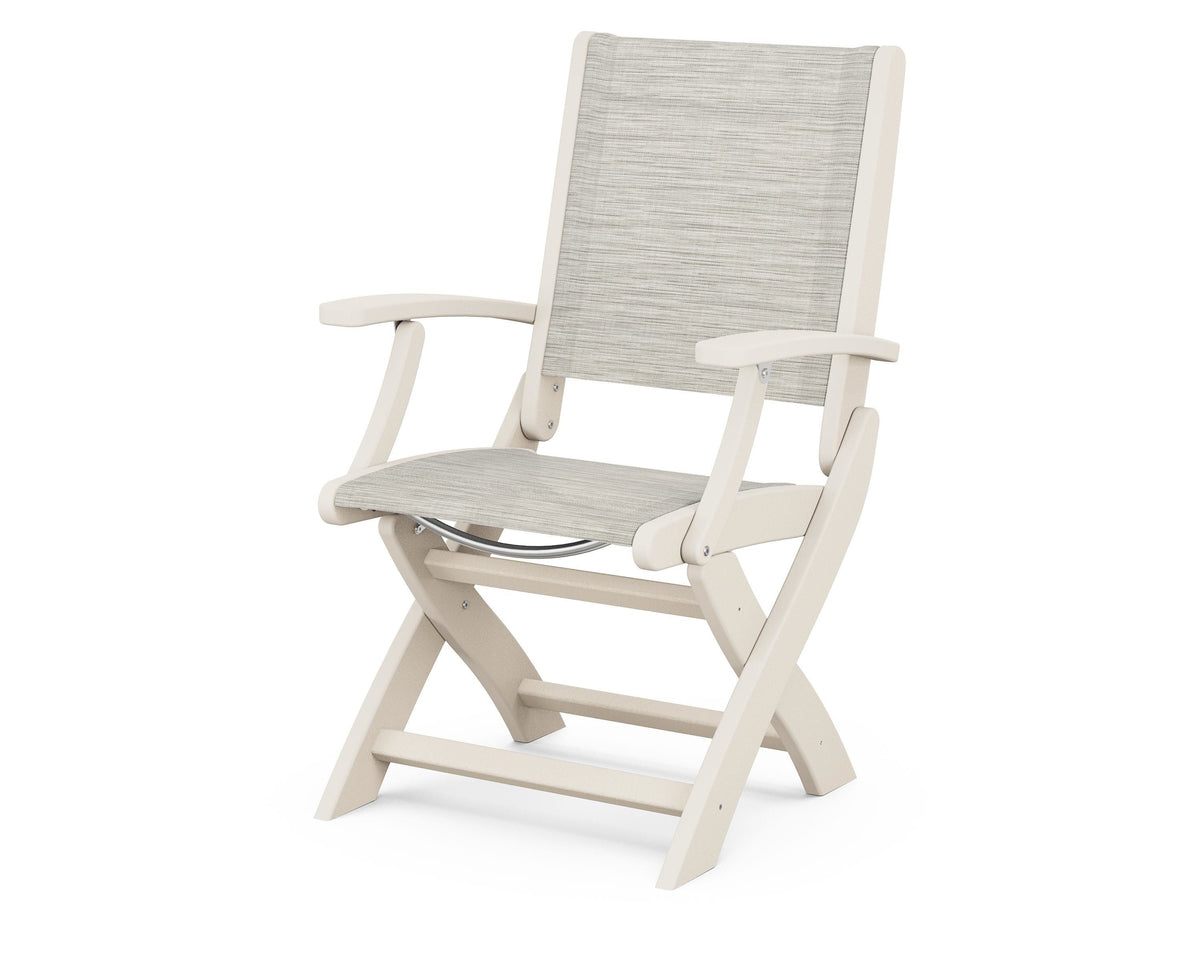 POLYWOOD Coastal Folding Chair in Sand with Sand arms and Birch sling
