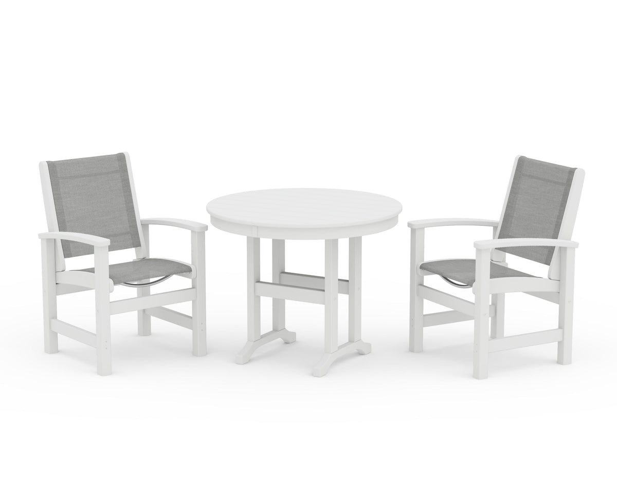 POLYWOOD Coastal 3-Piece Round Dining Set in White / Metallic