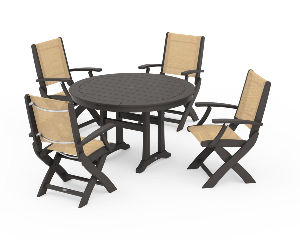 POLYWOOD Coastal Folding Chair 5-Piece Round Dining Set with Trestle Legs in Vintage Coffee / Dupioni Apricot