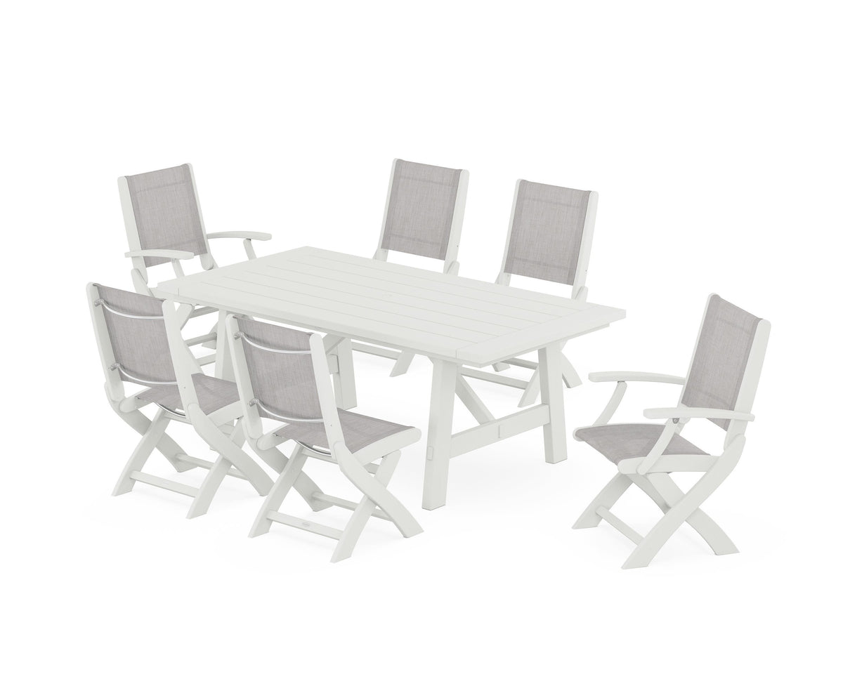 POLYWOOD Coastal Folding Chair 7-Piece Rustic Farmhouse Dining Set in Vintage White / Parchment