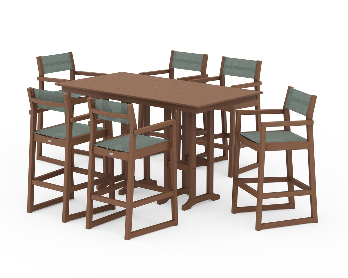POLYWOOD EDGE Sling Arm Chair 7-Piece Farmhouse Bar Set in Teak / Dupioni Sea Mist