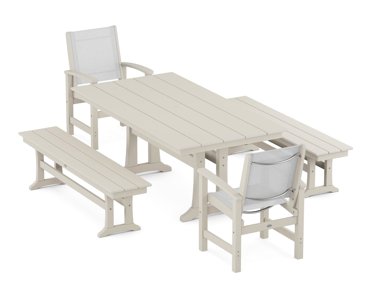 POLYWOOD Coastal 5-Piece Farmhouse Dining Set with Trestle Legs and Benches in Sand / White