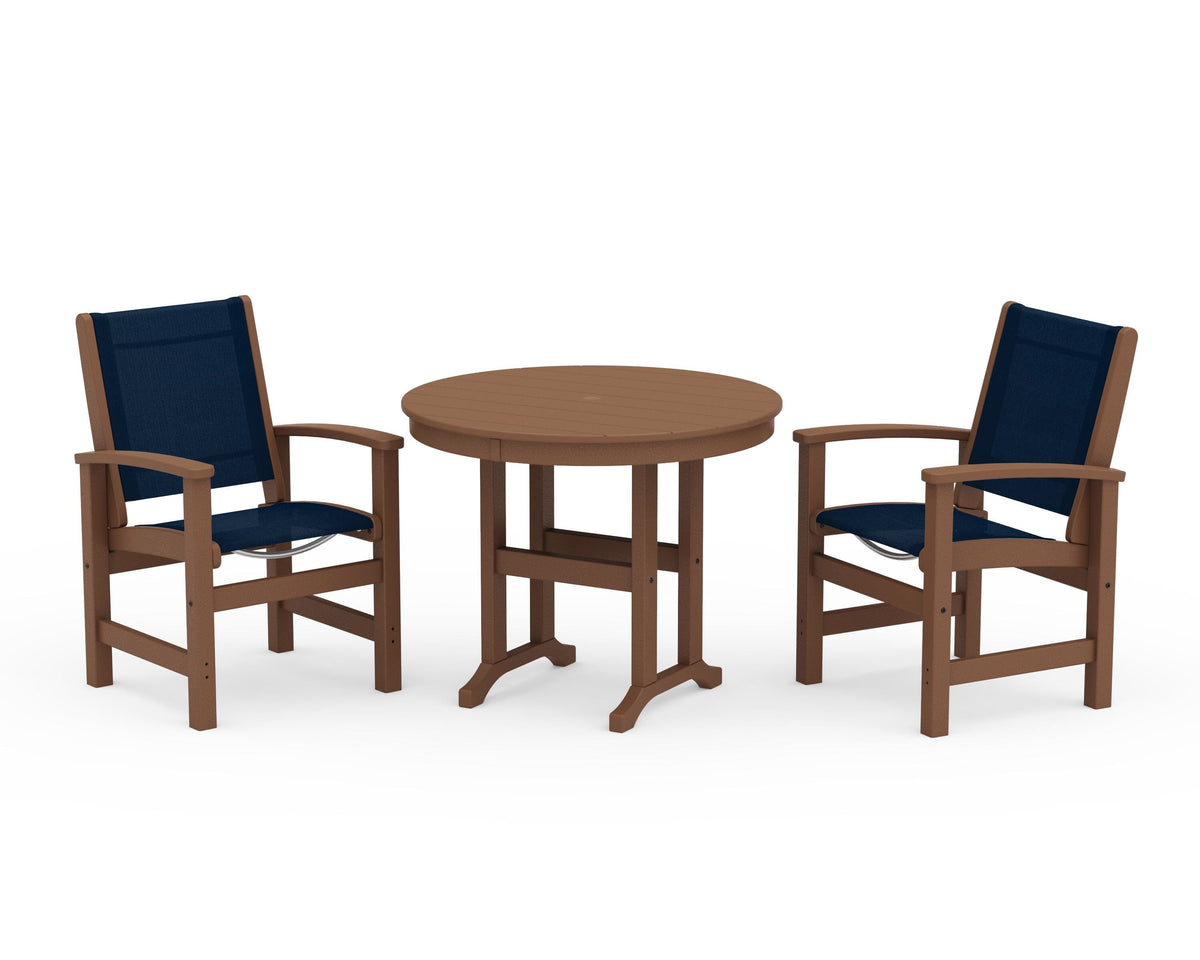 POLYWOOD Coastal 3-Piece Round Dining Set in Teak / Navy Blue