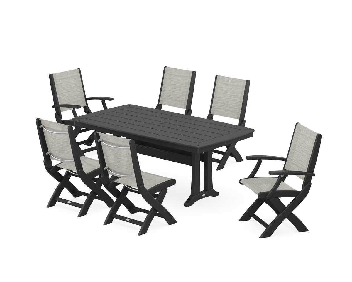 POLYWOOD Coastal Folding Chair 7-Piece Dining Set with Trestle Legs with Nautical Trestle 38" x 73" Dining Table in Black / Birch