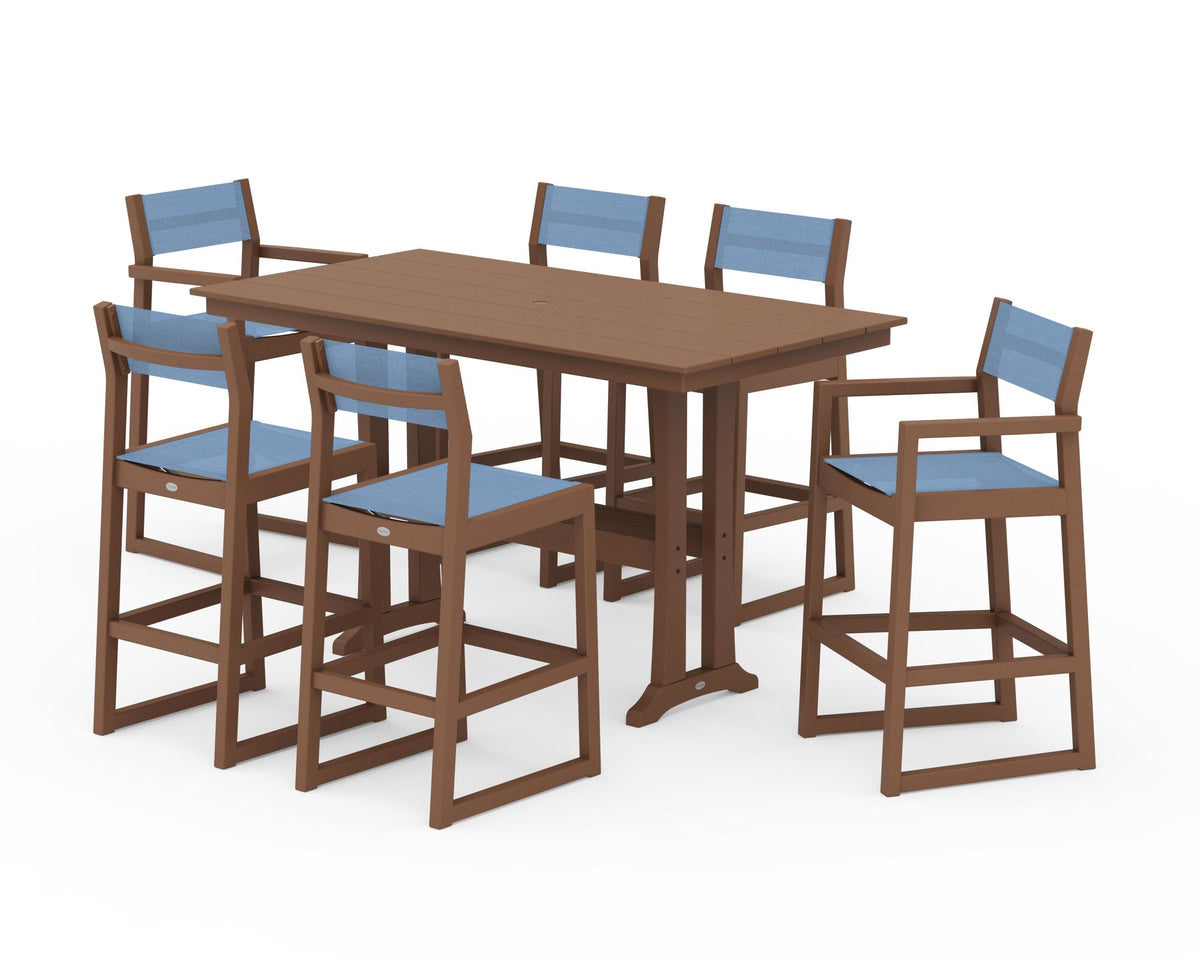 POLYWOOD EDGE Sling 7-Piece Farmhouse Bar Set with Trestle Legs in Teak / Poolside