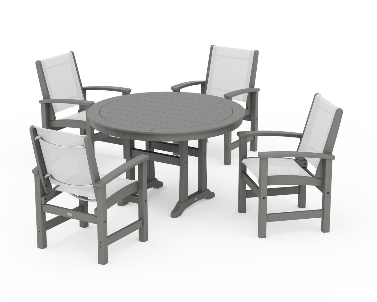 POLYWOOD Coastal 5-Piece Round Dining Set with Trestle Legs in Slate Grey / White