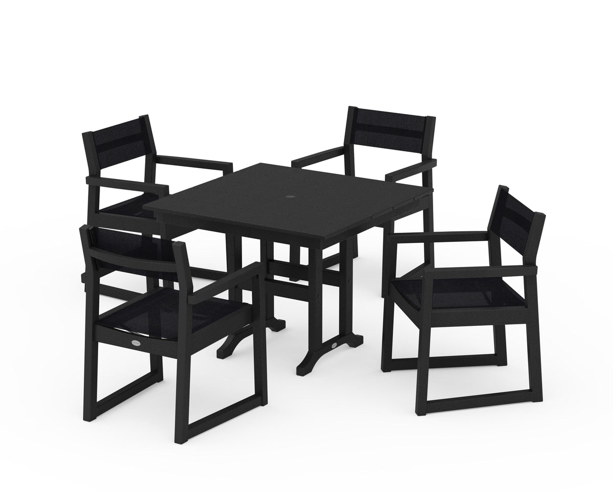 POLYWOOD EDGE Sling Arm Chair 5-Piece Farmhouse Dining Set in Black / Black