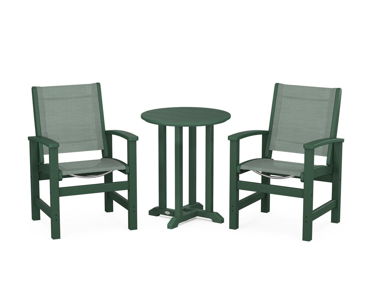 POLYWOOD Coastal 3-Piece Round Bistro Dining Set in Green / Dupioni Sea Mist