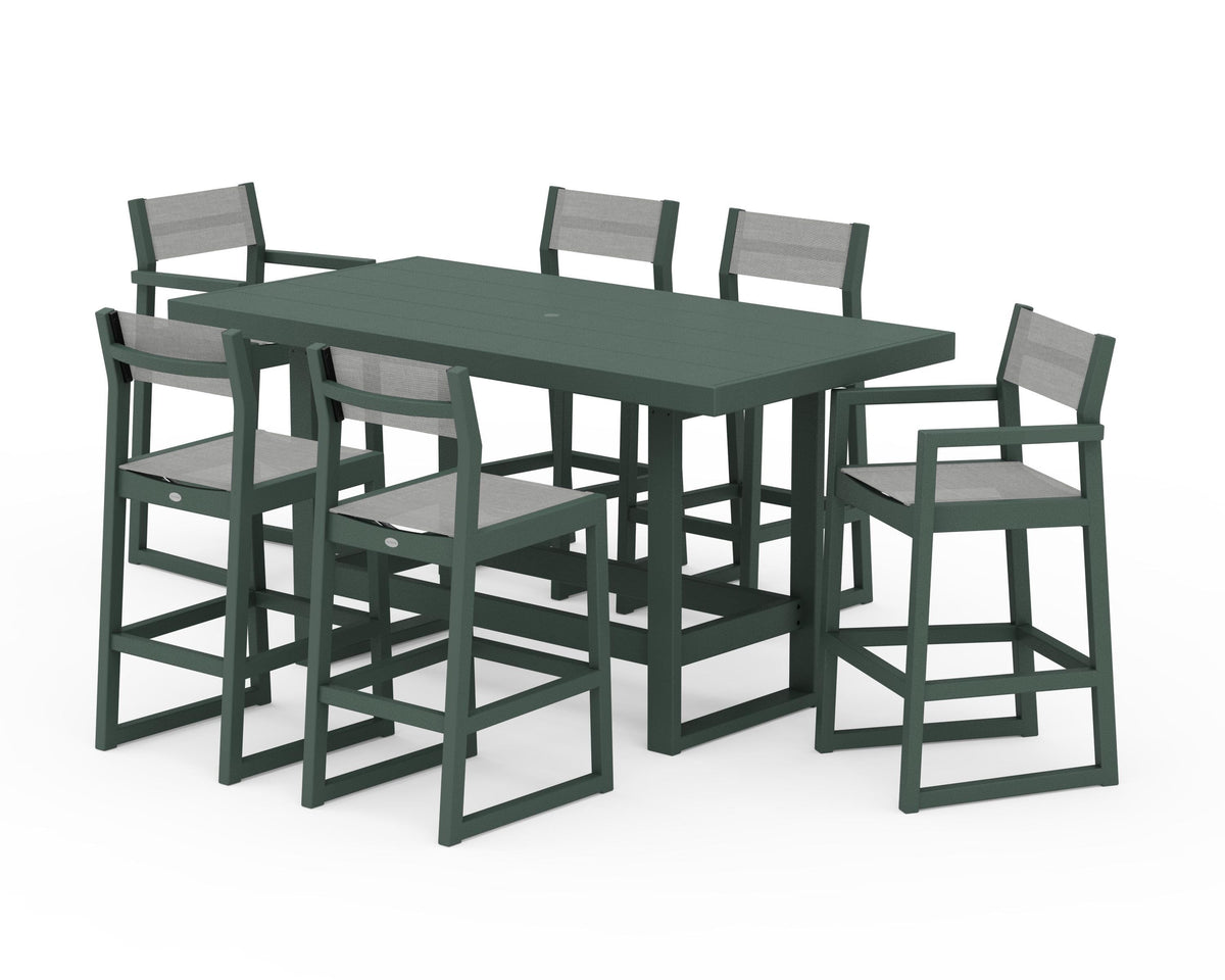 POLYWOOD EDGE Sling 7-Piece Bar Table Set in Green / Metallic