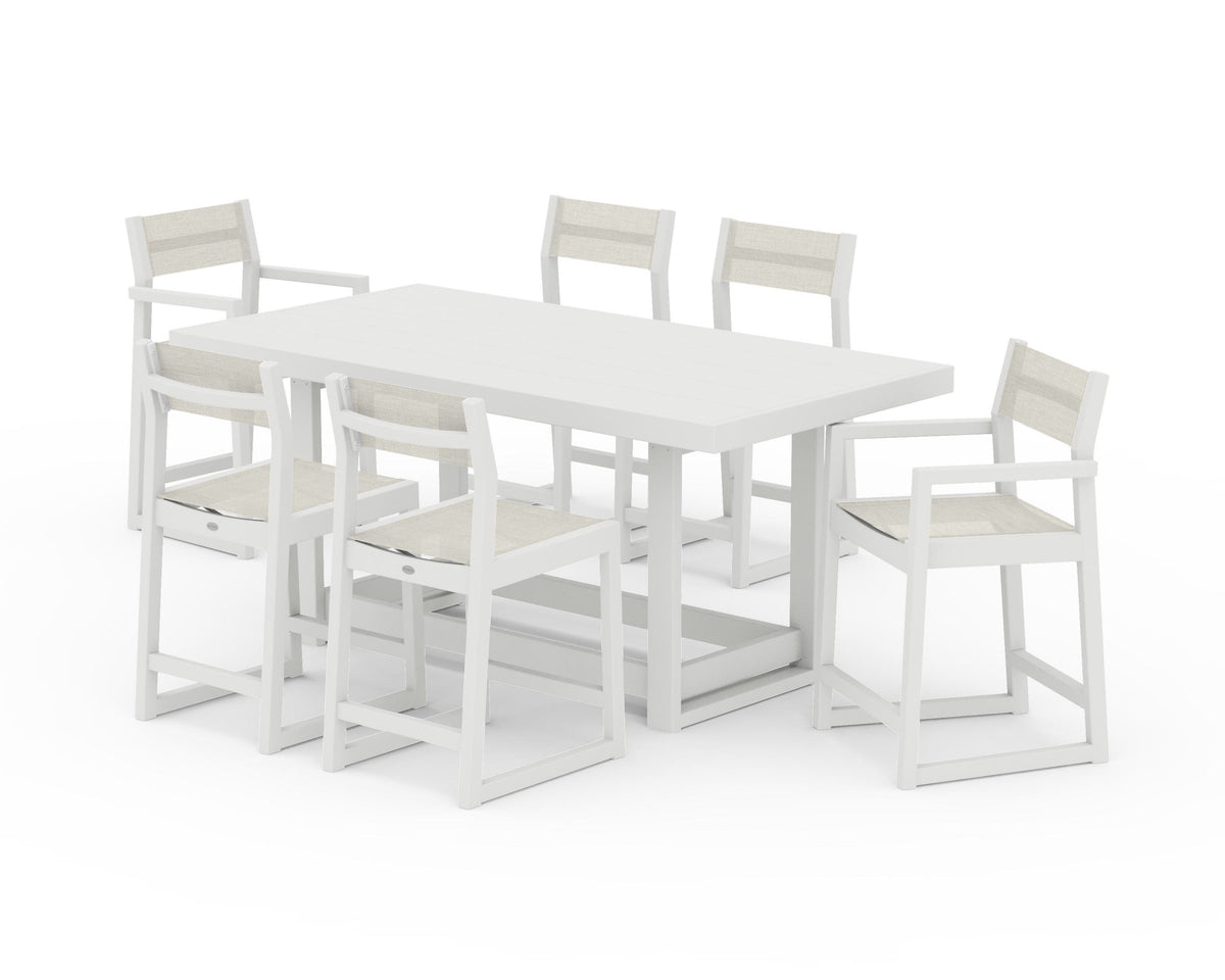 POLYWOOD EDGE Sling 7-Piece Counter Table Set in Vintage White / Parchment