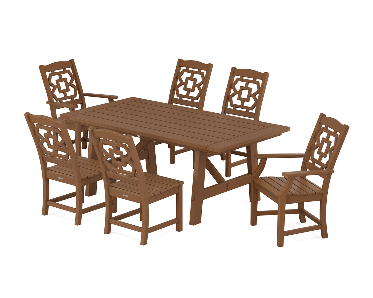 POLYWOOD Chinoiserie 7-Piece Rustic Farmhouse Dining Set in Teak