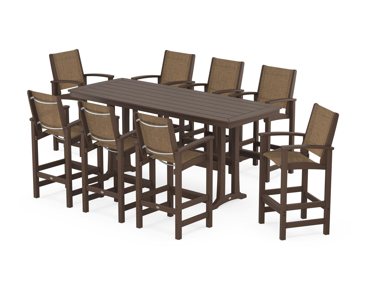 POLYWOOD Coastal 9-Piece Bar Set with Trestle Legs in Mahogany / Burlap