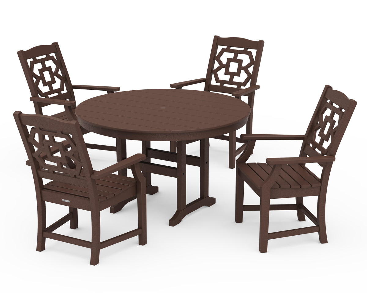 POLYWOOD Chinoiserie 5-Piece Round Farmhouse Dining Set in Mahogany