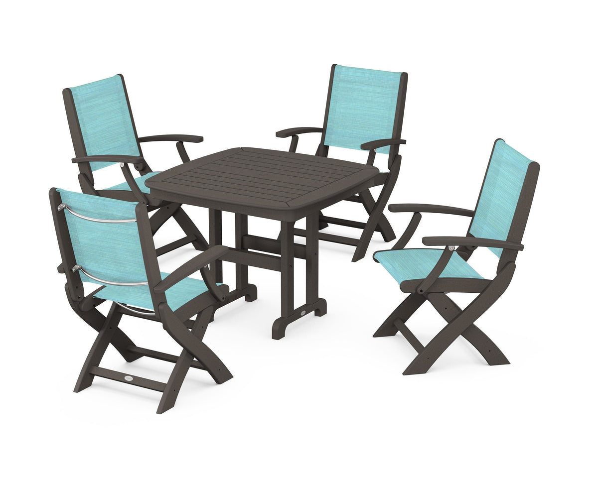 POLYWOOD Coastal Folding Chair 5-Piece Dining Set with Nautical 37" Dining Table in Vintage Coffee / Dupioni Aquamarine