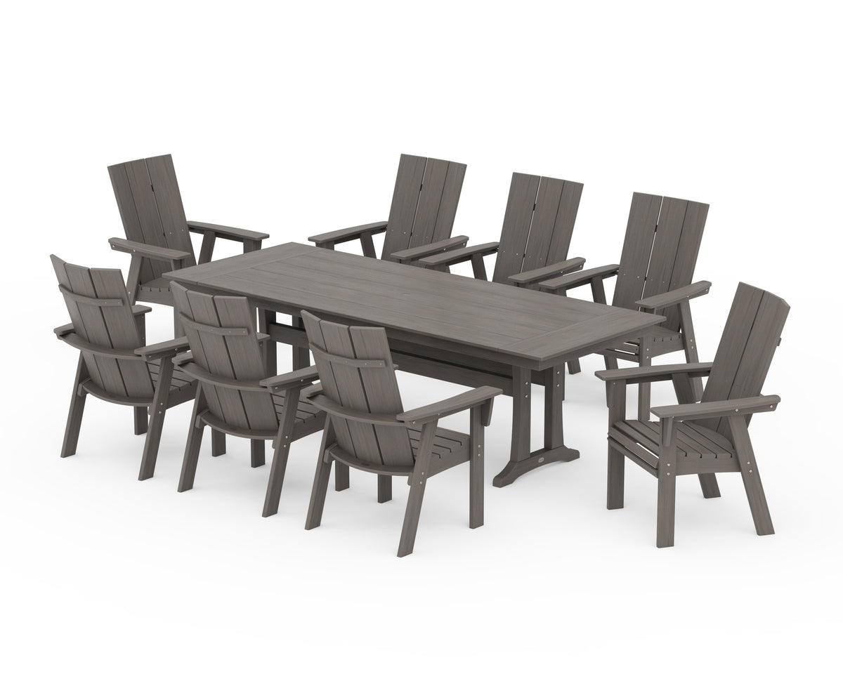 POLYWOOD Modern Curveback Adirondack 9-Piece Farmhouse Dining Set with Trestle Legs in Driftwood