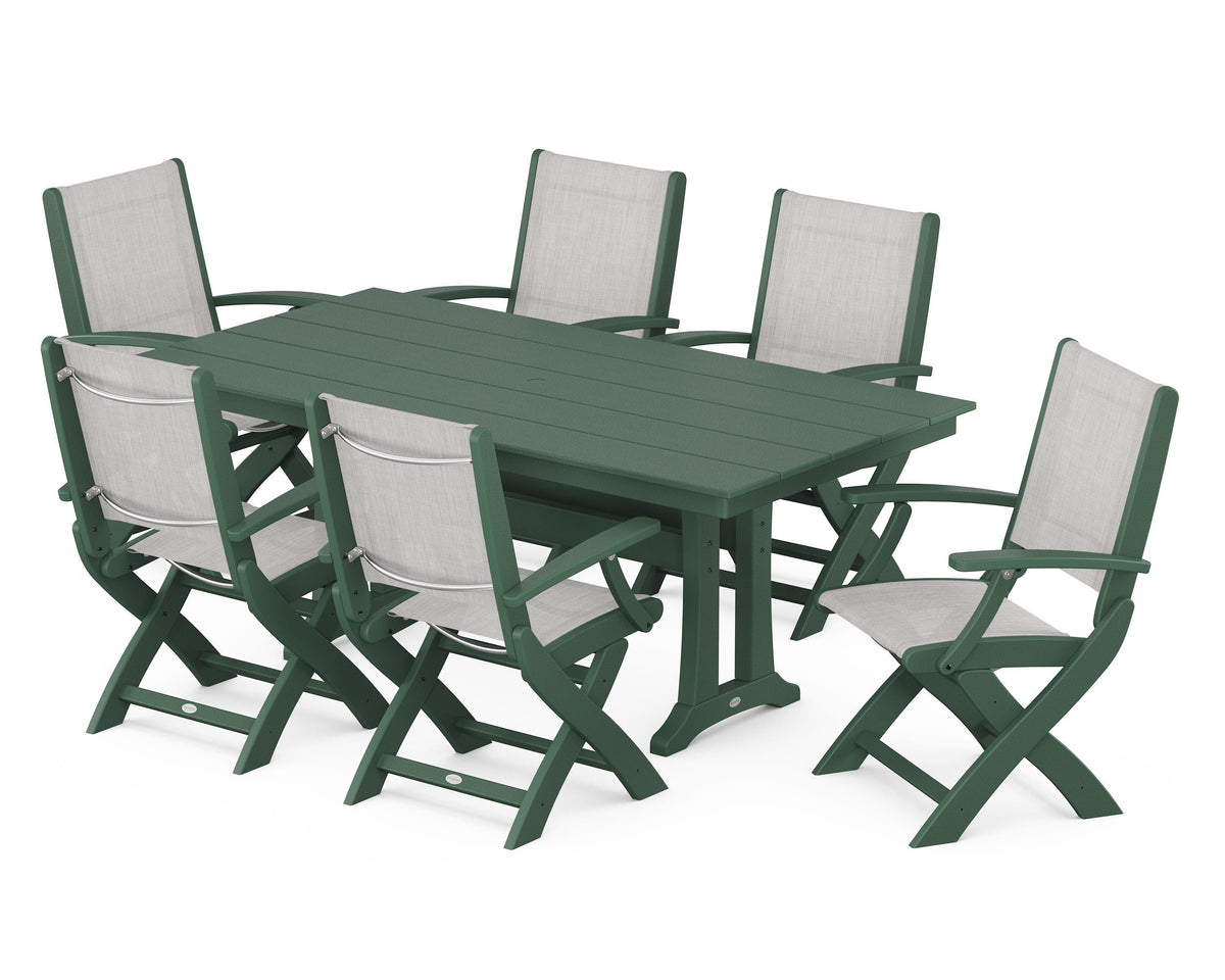 POLYWOOD Coastal Folding Arm Chair 7-Piece Farmhouse Dining Set with Trestle Legs in Green / Parchment