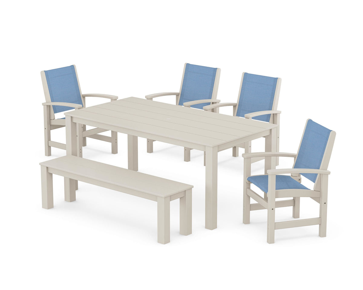 POLYWOOD Coastal 6-Piece Parsons Dining Set with Bench in Sand / Poolside