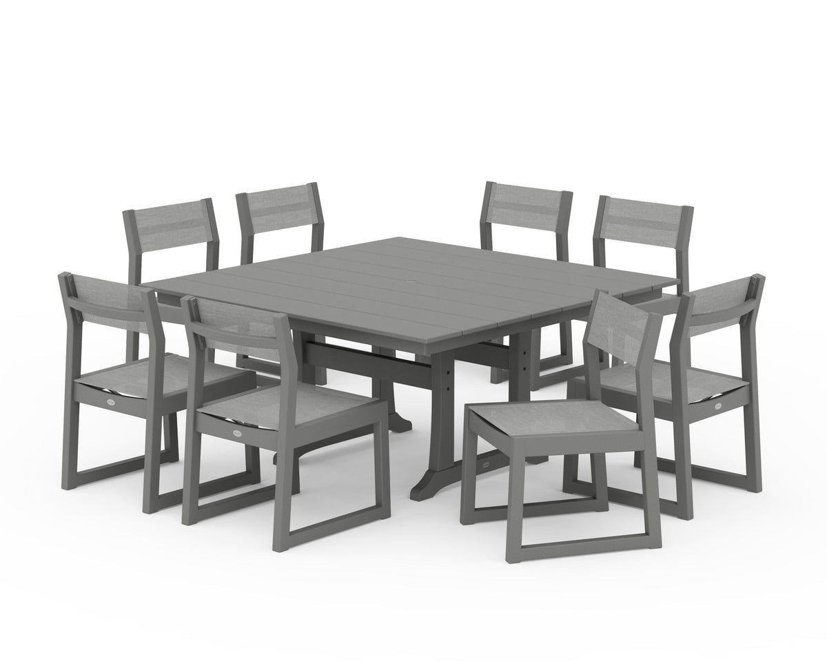 POLYWOOD EDGE Sling Side Chair 9-Piece Farmhouse Trestle Dining Set in Slate Grey / Metallic