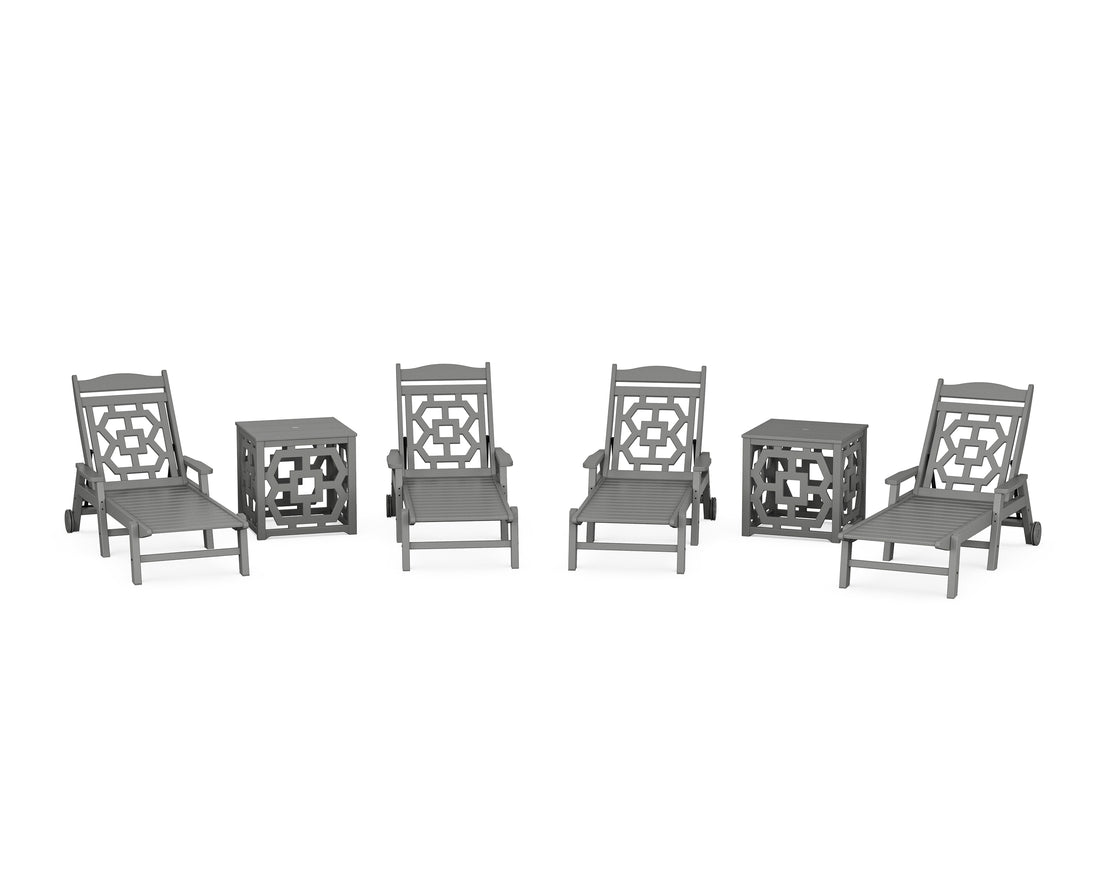 POLYWOOD Chinoiserie 6-Piece Chaise Set with Umbrella Stand Accent Table in Slate Grey