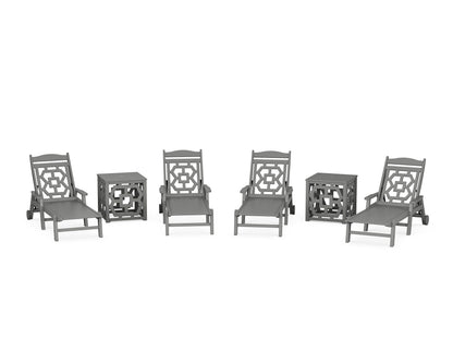 POLYWOOD Chinoiserie 6-Piece Chaise Set with Umbrella Stand Accent Table in Slate Grey
