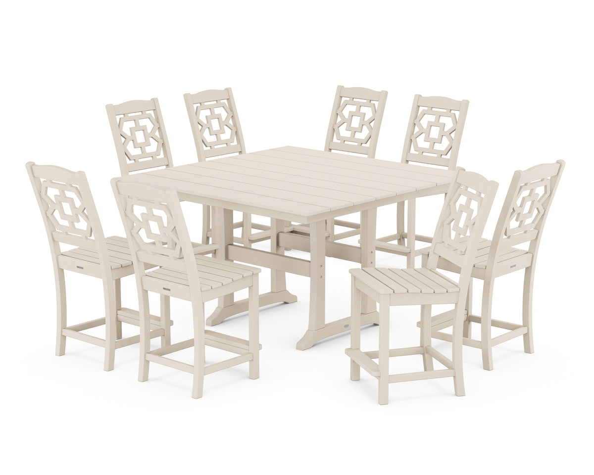 POLYWOOD Chinoiserie 9-Piece Square Farmhouse Side Chair Counter Set with Trestle Legs in Sand