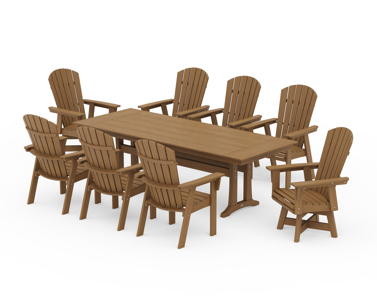 POLYWOOD Nautical Curveback Adirondack Swivel 9-Piece Farmhouse Dining Set with Trestle Legs in Natural