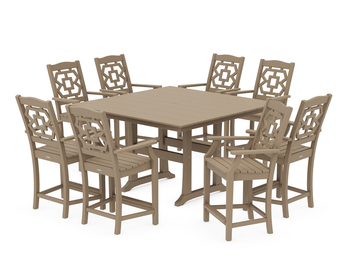 POLYWOOD Chinoiserie 9-Piece Square Farmhouse Counter Set with Trestle Legs in Vintage Sahara