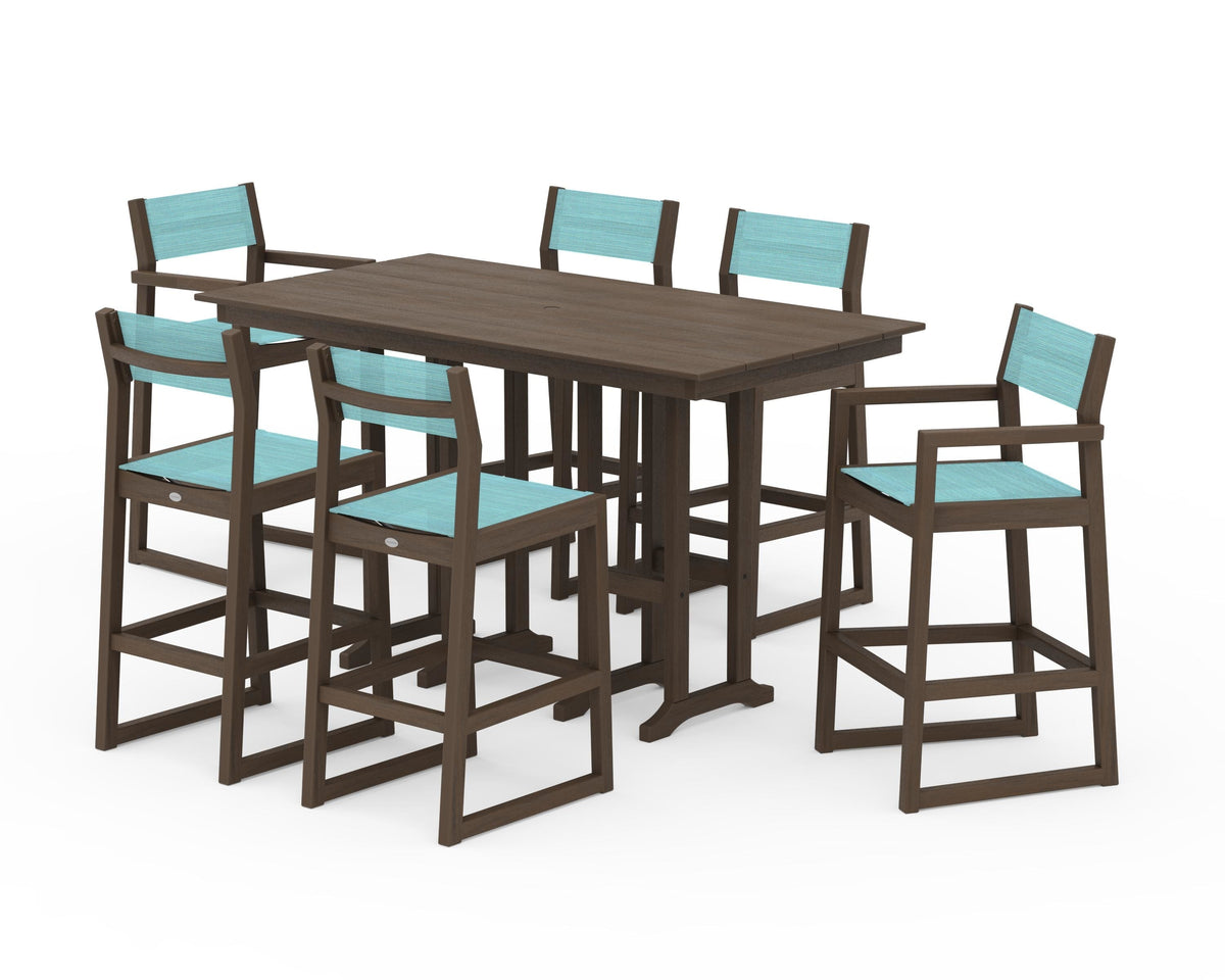 POLYWOOD EDGE Sling 7-Piece Farmhouse Bar Set in Kona / Dupioni Aquamarine