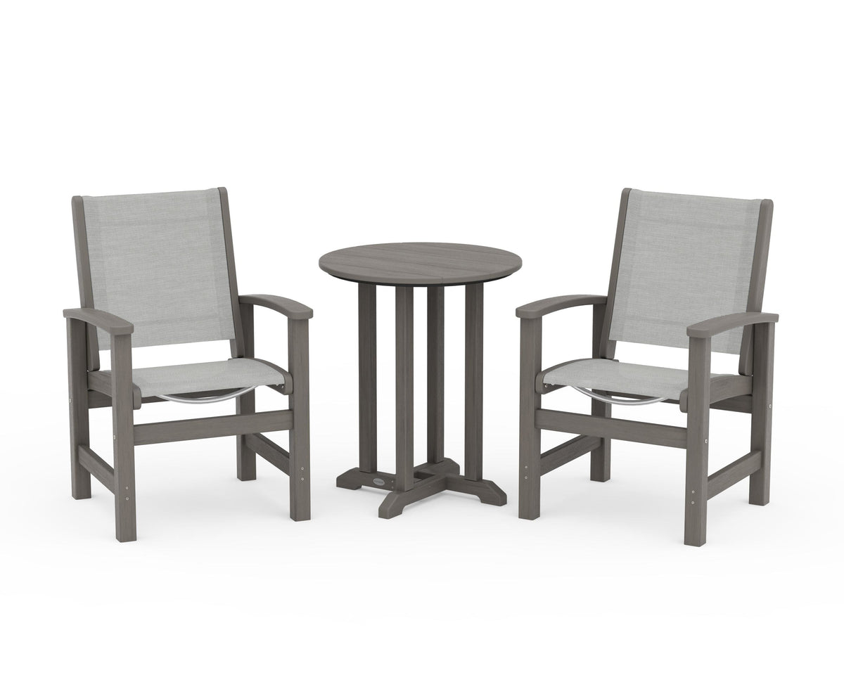 POLYWOOD Coastal 3-Piece Round Bistro Dining Set in Driftwood / Metallic