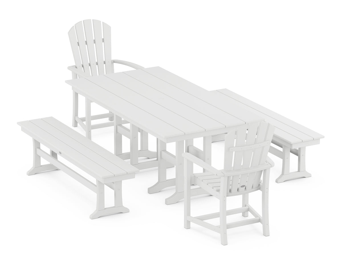 POLYWOOD Palm Coast 5-Piece Farmhouse Dining Set with Benches in White