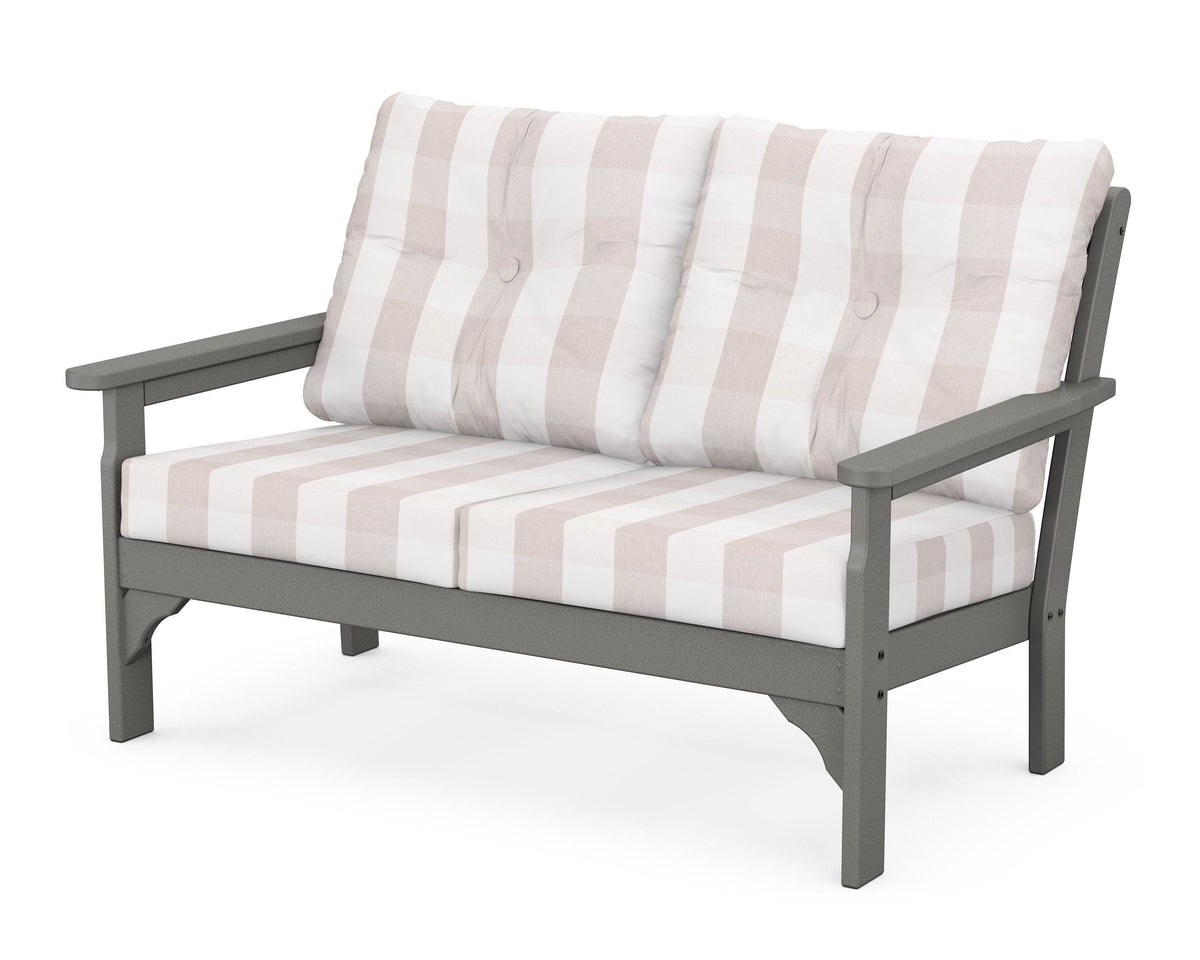 POLYWOOD Vineyard Deep Seating Loveseat in Slate Grey / Buffalo Plaid Dune Burlap
