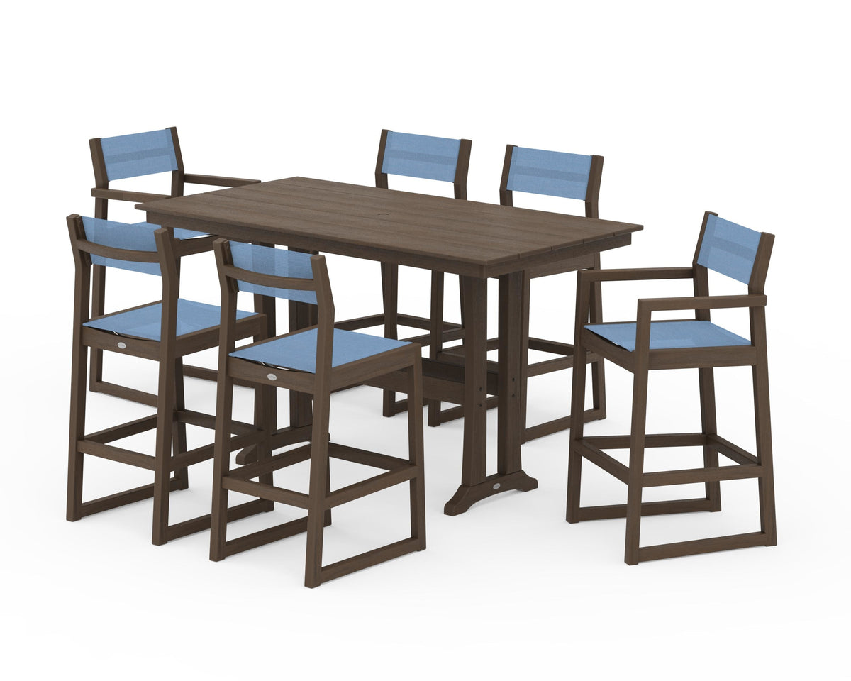 POLYWOOD EDGE Sling 7-Piece Farmhouse Bar Set with Trestle Legs in Kona / Poolside